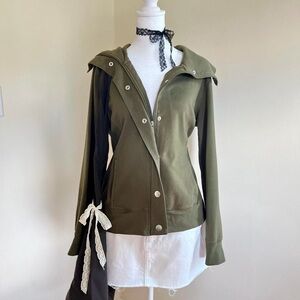 Vintage 2000s Olive Green Zip Up Knit Sweater Jacket Grunge Funnel Mock Neck M